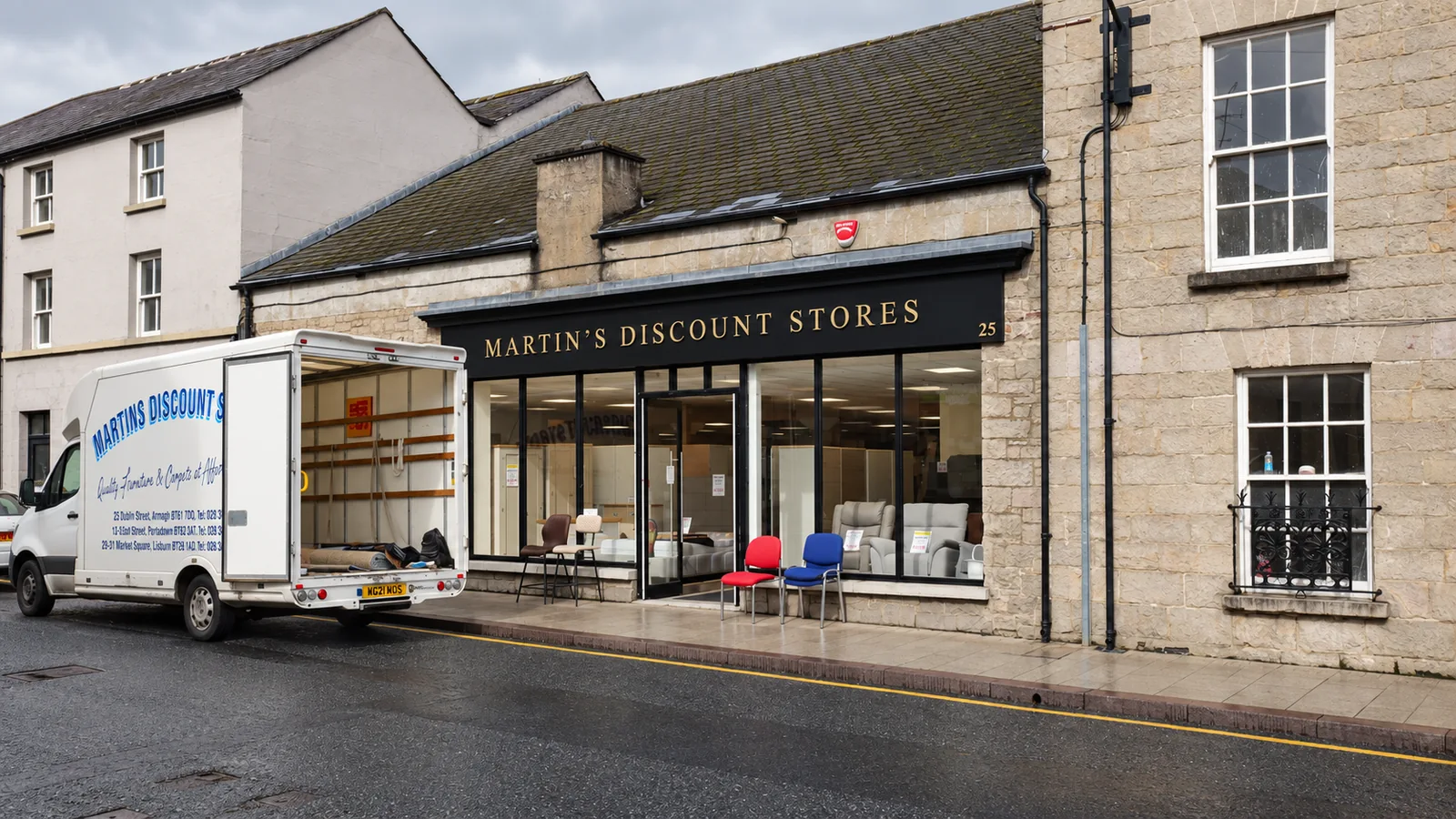 Martin’s shopfront on Dobbin Street in Armagh, with the delivery van outside