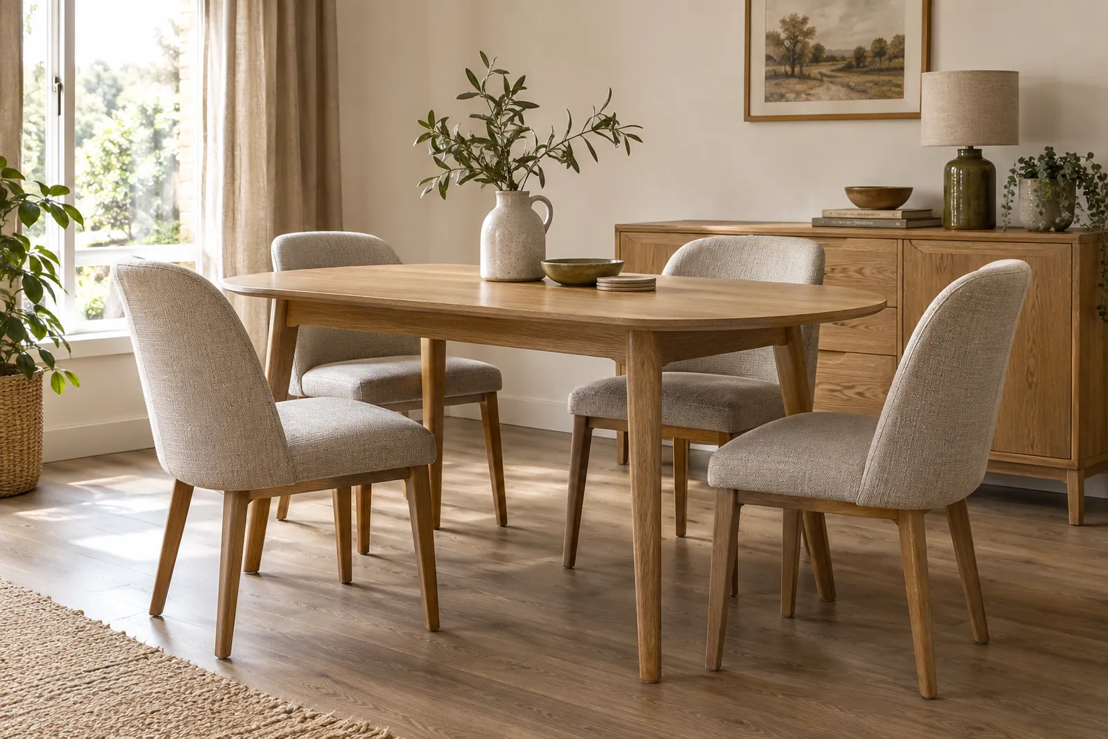 Dining room inspiration with an oak table and upholstered chairs